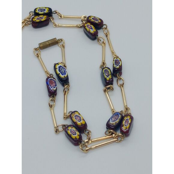 Vtg Murano Style Brown Black Yellow Floral Glass Gold Tone 30" Bar Link Necklace - Picture 4 of 5